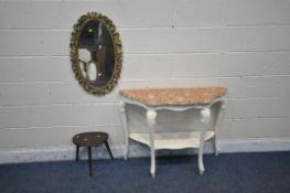 A WHITE PAINTED SERPENTINE MARBLE TOP SIDE TABLE, on cabriole legs, united by an undershelf, width