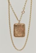 A 9CT YELLOW GOLD LOCKET AND CHAIN, rectangular locket with foliage pattern and rope twist surround,