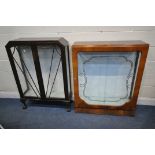 AN ART DECO WALNUT DISPLAY CABINET, with double glazed sliding doors, enclosing two glass shelves,