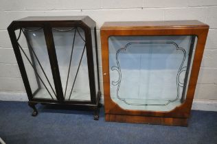 AN ART DECO WALNUT DISPLAY CABINET, with double glazed sliding doors, enclosing two glass shelves,