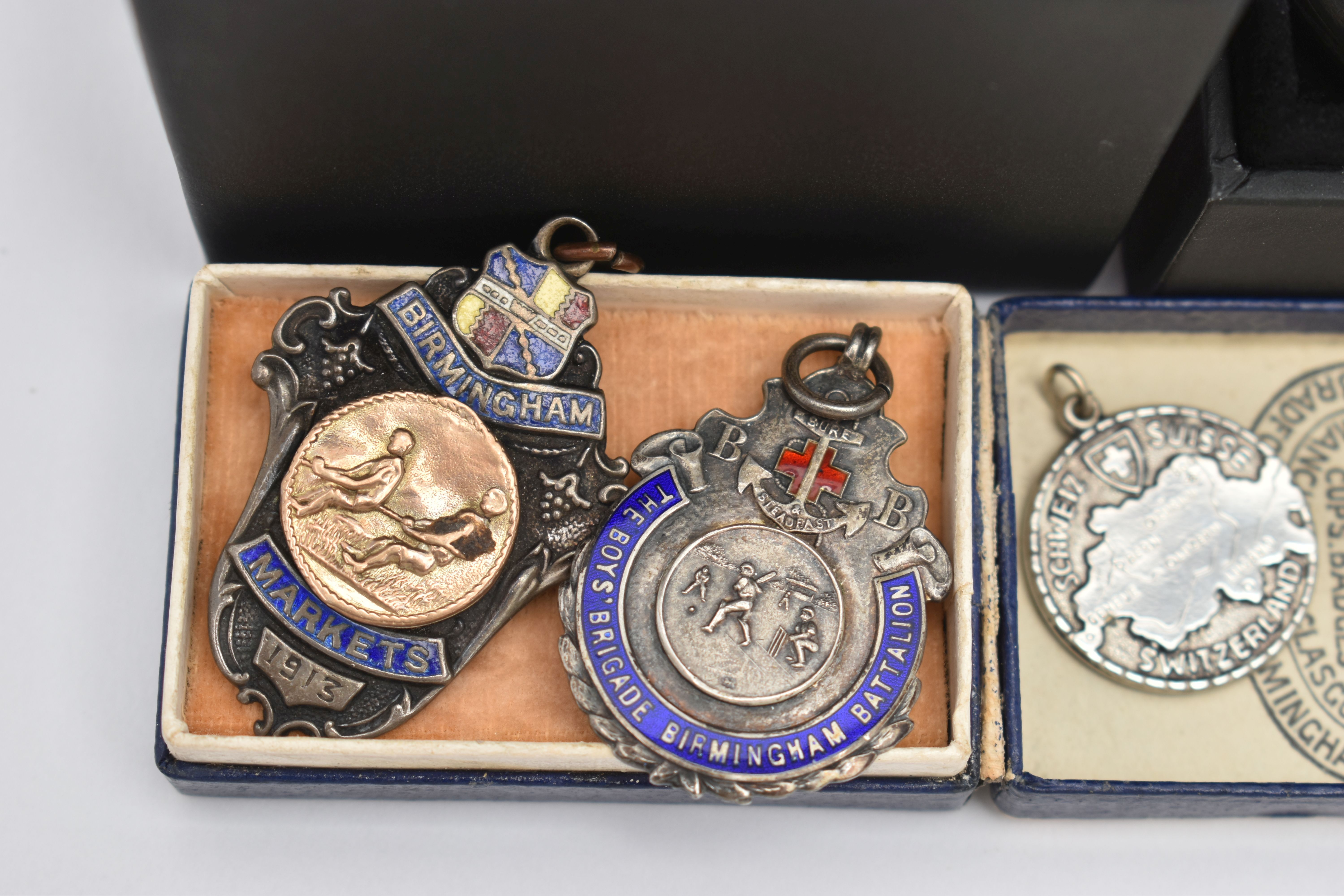 AN OPEN FACE POCKET WATCH AND ASSORTED MEDALS, hand wound movement, round white dial, Arabic - Image 3 of 9
