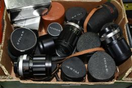 ONE BOX OF CAMERA LENSES, to include two boxed Miranda auto EC lens 50mm f:1.8, a Miranda Soligor