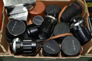 ONE BOX OF CAMERA LENSES, to include two boxed Miranda auto EC lens 50mm f:1.8, a Miranda Soligor