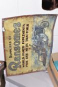 A TIN METAL RANSOMES TRACTOR ADVERTISING SIGN, 48cm X 63.5cm (1) (Condition Report: creased in the