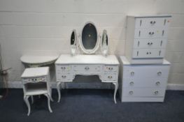 A SELECTION OF WHITE BEDROOM FURNITURE, to include a dressing table, fitted with an arrangement of
