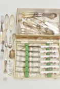 AN ASSORTMENT OF CUTLERY, to include a cased set of six 'Royal Crown Derby China' knives, six mother