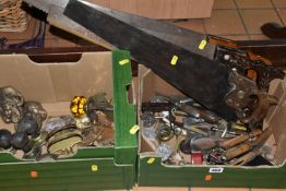 TWO BOXES OF DOOR FURNITURE, VINTAGE TOOLS AND MISCELLANEOUS SUNDRIES, to include three vintage
