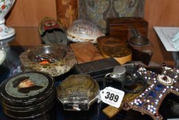 A GROUP OF TREEN, METAL WARE AND MISCELLANEOUS ITEMS, to include an Asian lime paste container (or
