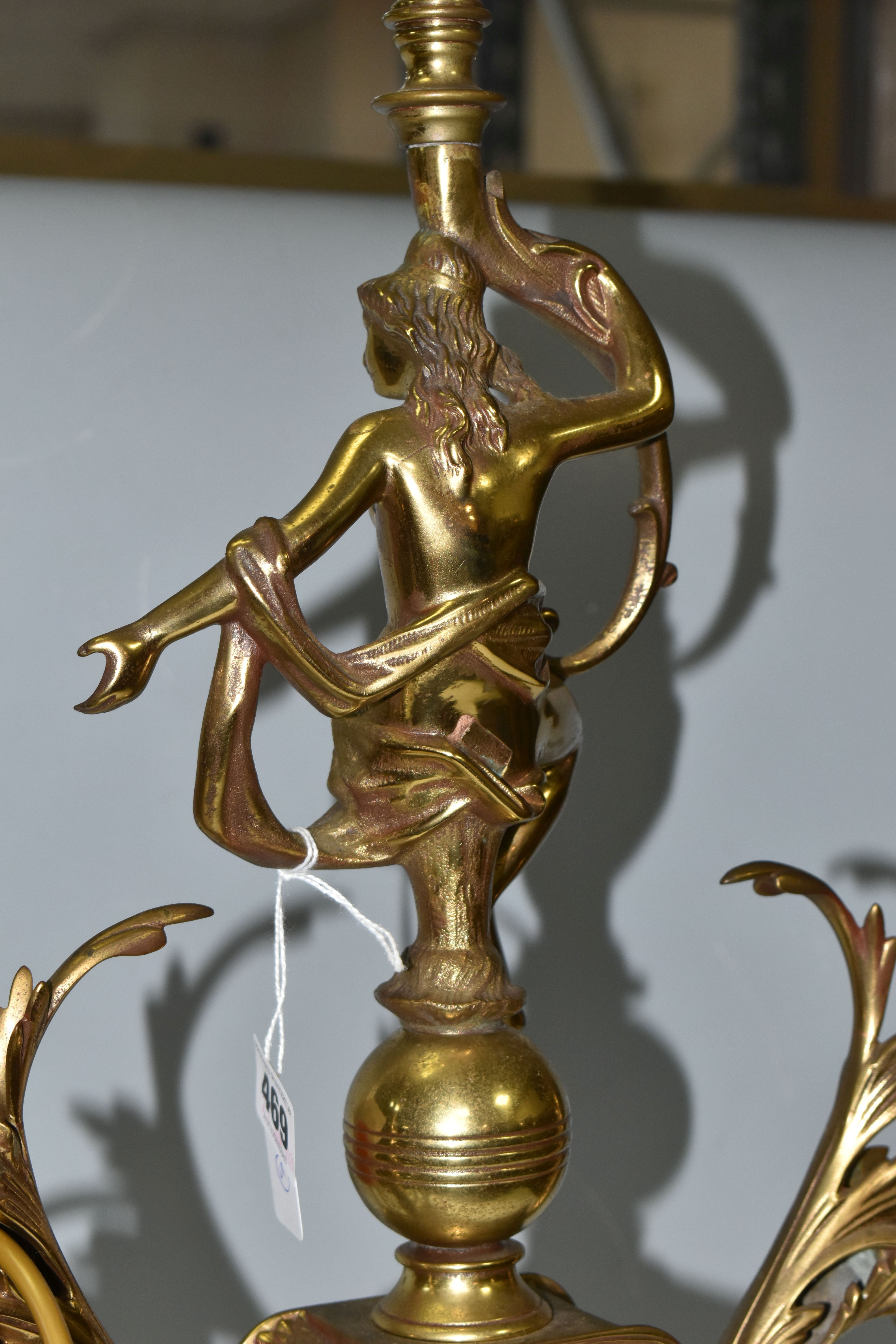A LARGE BRASS FIGURAL TABLE LAMP, with three bulb fittings at the top, brass gimble and two flame - Image 9 of 10
