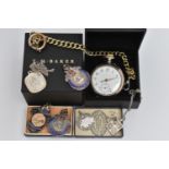 AN OPEN FACE POCKET WATCH AND ASSORTED MEDALS, hand wound movement, round white dial, Arabic
