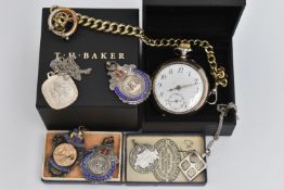 AN OPEN FACE POCKET WATCH AND ASSORTED MEDALS, hand wound movement, round white dial, Arabic