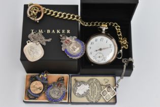 AN OPEN FACE POCKET WATCH AND ASSORTED MEDALS, hand wound movement, round white dial, Arabic