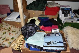 SIX BOXES AND LOOSE BEDDING, TABLE LINEN AND CLOTHING ETC, to include a box of bed linen in sealed