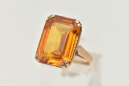 A 9CT GOLD DRESS RING, a rectangular cut citrine, approximate length 18mm x width 13mm, prong set in