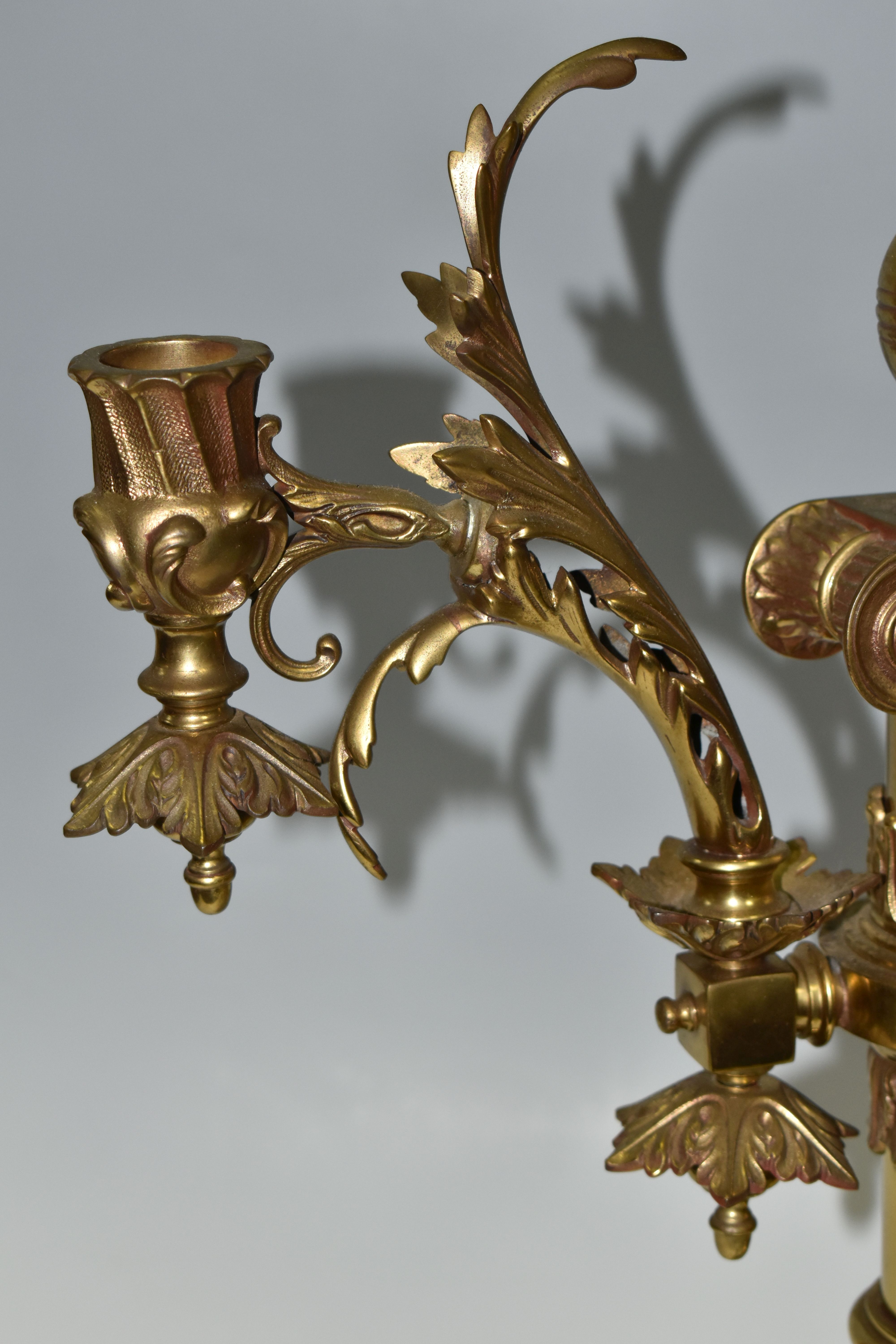A LARGE BRASS FIGURAL TABLE LAMP, with three bulb fittings at the top, brass gimble and two flame - Image 2 of 10