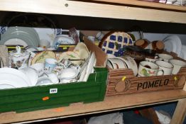SIX BOXES OF CERAMICS AND GLASS WARES, to include two Churchill Willow pattern tureens, Willow