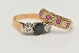 TWO 9CT GOLD GEM SET RINGS, the first a diamond and sapphire three stone ring, prong set in white