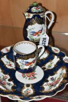 A SMALL COLLECTION OF PORCELAIN, comprising a porcelain covered chocolate pot with a red rose finial