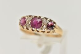 A RUBY AND DIAMOND RING, three round cut rubies accented with three rose cut diamonds and a single