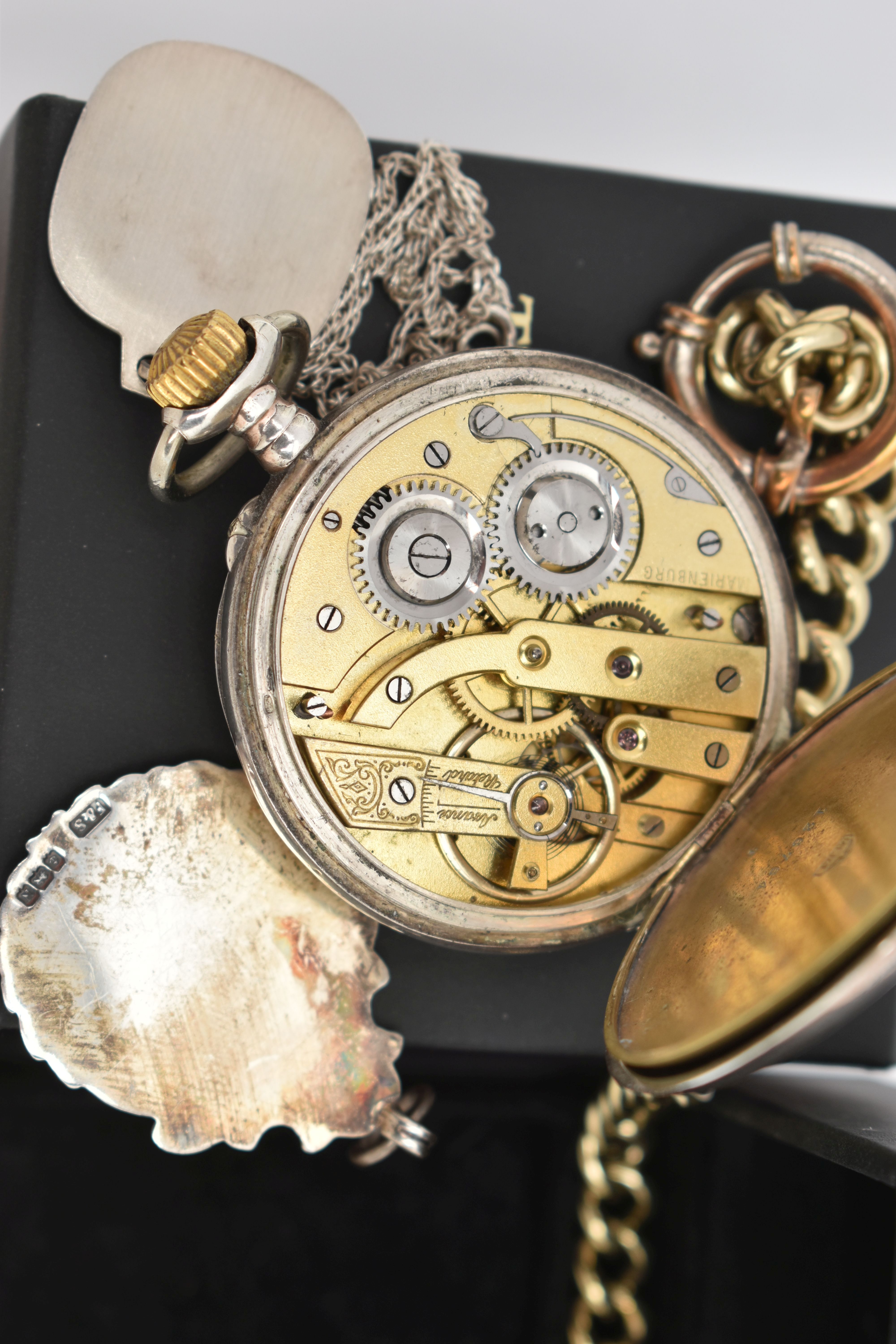 AN OPEN FACE POCKET WATCH AND ASSORTED MEDALS, hand wound movement, round white dial, Arabic - Image 7 of 9
