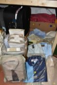 FIVE BOXES AND THREE SUITCASES OF MEN'S CLOTHING, to include a box of as new packaged shirts, collar