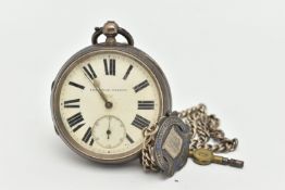 A LATE VICTORIAN SILVER OPEN FACE POCKET WATCH AND ALBERT CHAIN, key wound, round discoloured