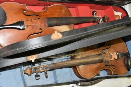 TWO FULL SIZED VIOLINS IN NEED OF SOME ATTENTION, comprising a violin with a two piece back,