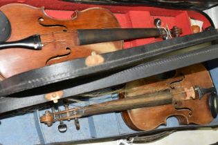 TWO FULL SIZED VIOLINS IN NEED OF SOME ATTENTION, comprising a violin with a two piece back,