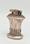 A 'RONSON' SILVER PLATED TABLE LIGHTER, tapered form with foliage and berry pattern, striker