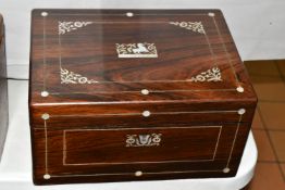 A VICTORIAN MOTHER OF PEARL INLAY VANITY AND JEWELLERY BOX, the fitted interior with silver plate