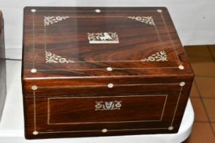 A VICTORIAN MOTHER OF PEARL INLAY VANITY AND JEWELLERY BOX, the fitted interior with silver plate