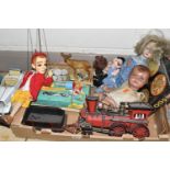 ONE BOX OF VINTAGE TOY CARS AND DOLLS, to include a 'Rici' wooden Pinocchio marionette, a boxed