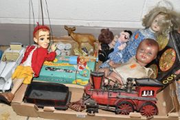 ONE BOX OF VINTAGE TOY CARS AND DOLLS, to include a 'Rici' wooden Pinocchio marionette, a boxed