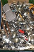 A BOX OF ASSORTED CUTLERY, to include salad servers, knives, forks, spoons etc