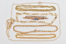 AN ASSORTMENT OF 9CT GOLD AND YELLOW METAL JEWELLERY, to include a rope chain bracelet, a figaro