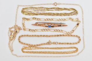 AN ASSORTMENT OF 9CT GOLD AND YELLOW METAL JEWELLERY, to include a rope chain bracelet, a figaro