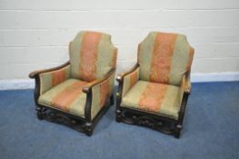 A PAIR OF 20TH CENTURY ARMCHAIRS, with scrolled armrests and stripped upholstery, with 70cm x