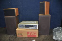 A VINTAGE JVC R-X40L STEREO RECEIVER, a pair of KEF Cresta 1 speakers (some covering loose) and a