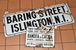 TWO VINTAGE ENAMEL STREET SIGNS, comprising 'Baring Street, Islington N1' approximate size 341cm x