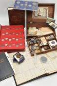 A WOODEN BOX AND COIN ALBUM CONTAINING MIXED WORLD COINAGE, to include coin from India 1804