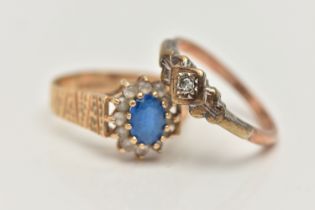 TWO GEM SET RINGS, the first a blue and colourless spinel cluster, prong set in yellow gold, leading