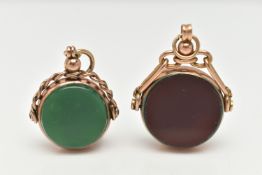TWO 9CT GOLD SWIVEL FOBS, the first of a circular form set with carnelian and bloodstone inlays,