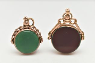 TWO 9CT GOLD SWIVEL FOBS, the first of a circular form set with carnelian and bloodstone inlays,