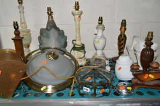 A GROUP OF TABLE LAMPS AND WALL LIGHTS, comprising an art deco Odeon/Cinema wall light, width