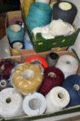 THREE BOXES OF ASSORTED COLOUR SPOOLS OF WOOL, suitable for knitting machines, to include maker's '