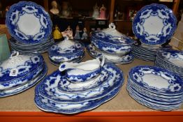 A QUANTITY OF FLOW BLUE WAVERLEY PATTERN BY GRINDLEY DINNERWARE, comprising twelve dinner plates,
