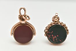 TWO SWIVEL FOBS, the first of a circular form set with carnelian and bloodstone inlays, mount