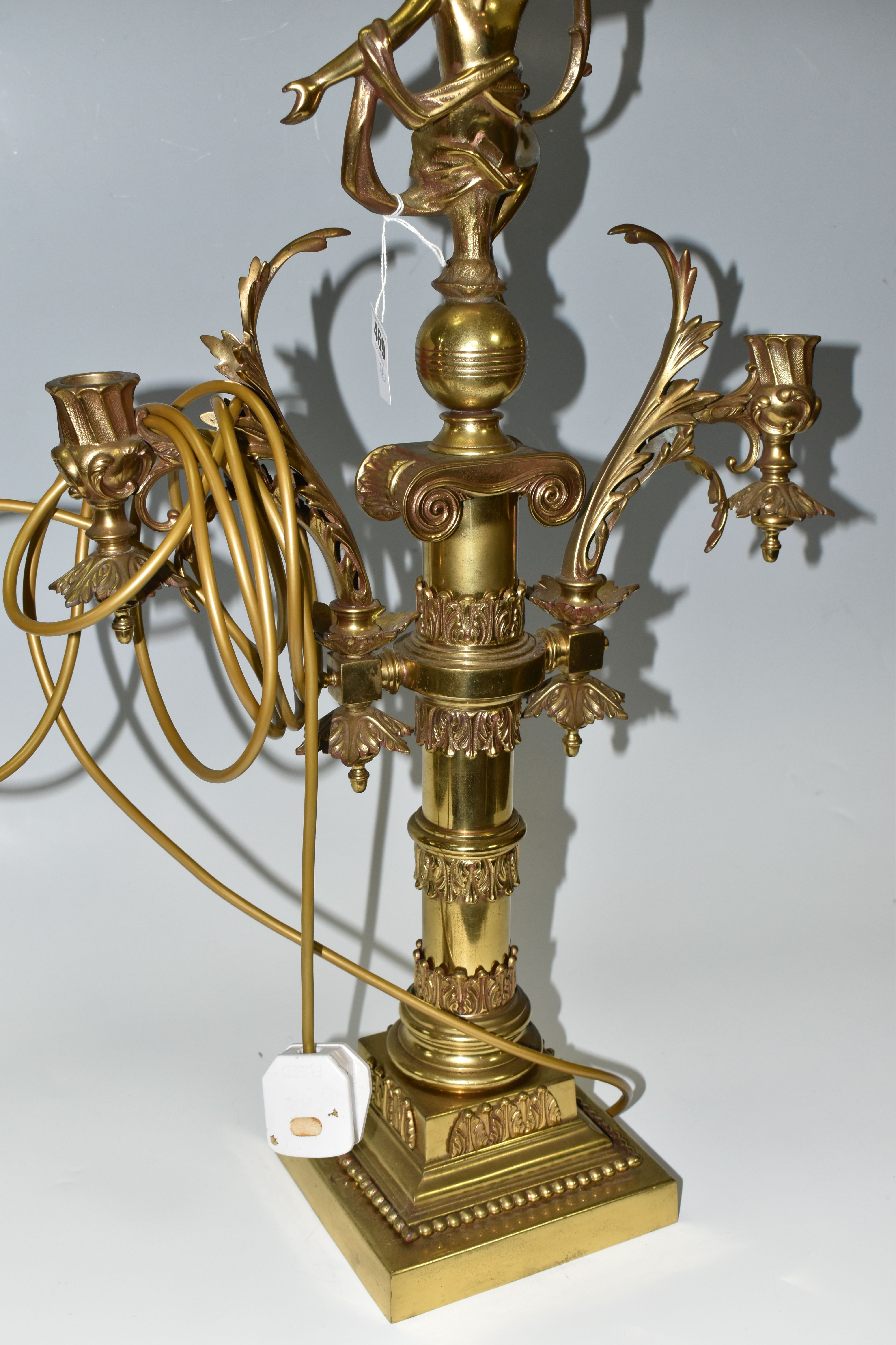 A LARGE BRASS FIGURAL TABLE LAMP, with three bulb fittings at the top, brass gimble and two flame - Image 8 of 10