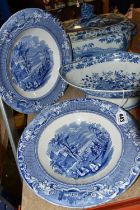 A COLLECTION OF 19TH CENTURY BLUE AND WHITE STONEWARE, comprising a floral transfer printed oval