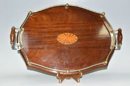 AN EDWARDIAN MAHOGANY GALLERY TRAY, with a central inlaid boxwood fan design cartouche,